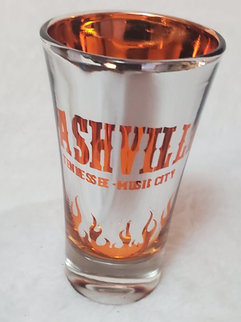 Nashville Tennessee Metallic painted Shot Glass With flames Very Unique! EUC!